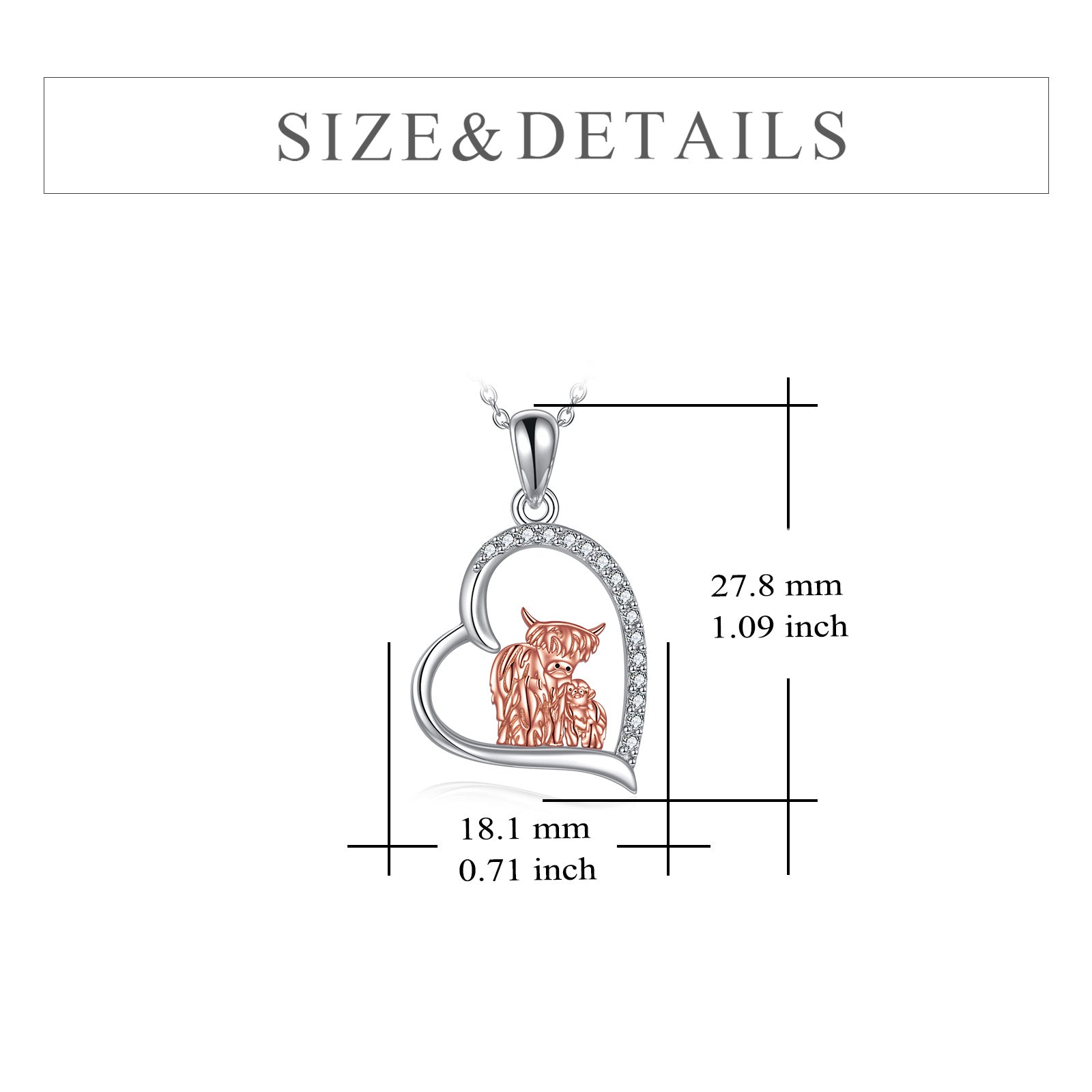 Sterling Silver Two-Tone Heart Cubic Zirconia Mother & Baby Highland Cow Pendant Necklace For Women Best Friends