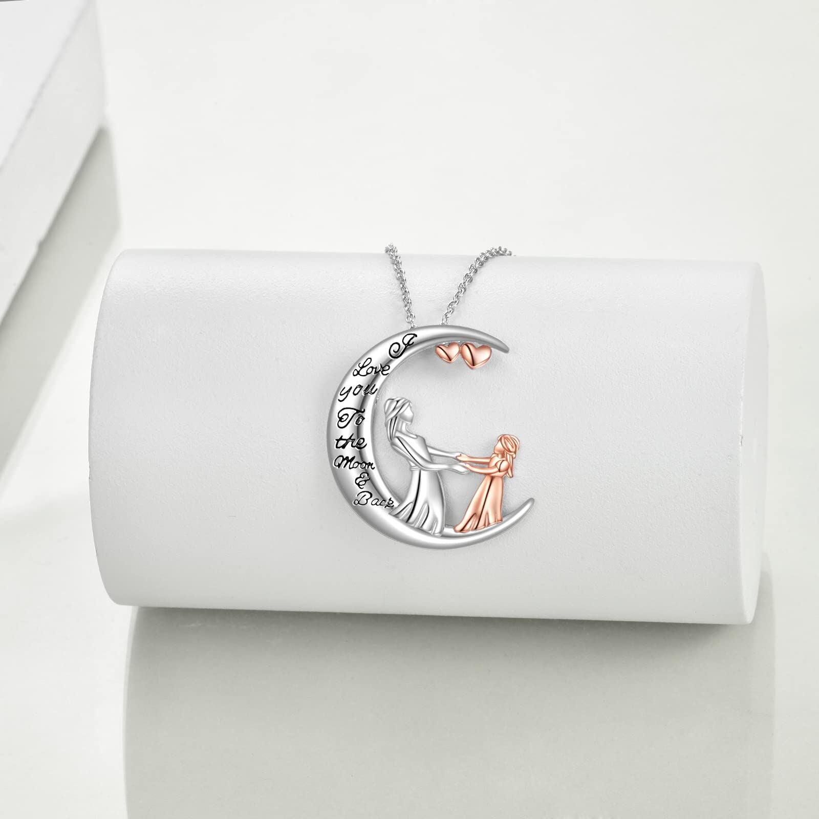 Sterling Silver Two-Tone Mother With Daughter Moon Pendant Necklace With Engraved Word For Women