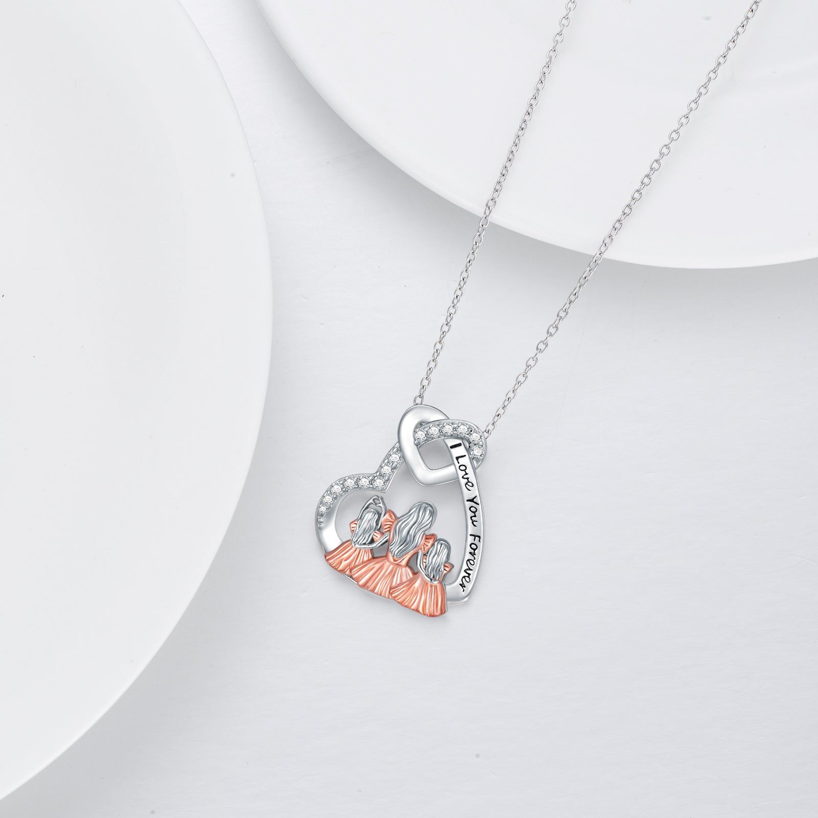 Sterling Silver Two-tone Cubic Zirconia Mother & Daughter Heart Pendant Necklace with Engraved Word