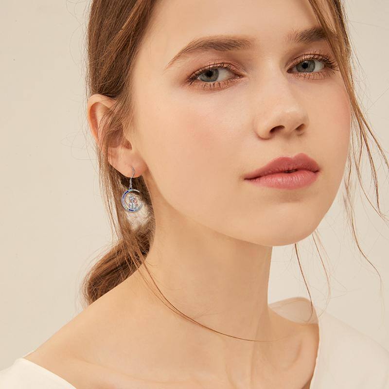 Sterling Silver Two-Tone Moon Cubic Zirconia Mother & Daughter Drop Earrings For Women