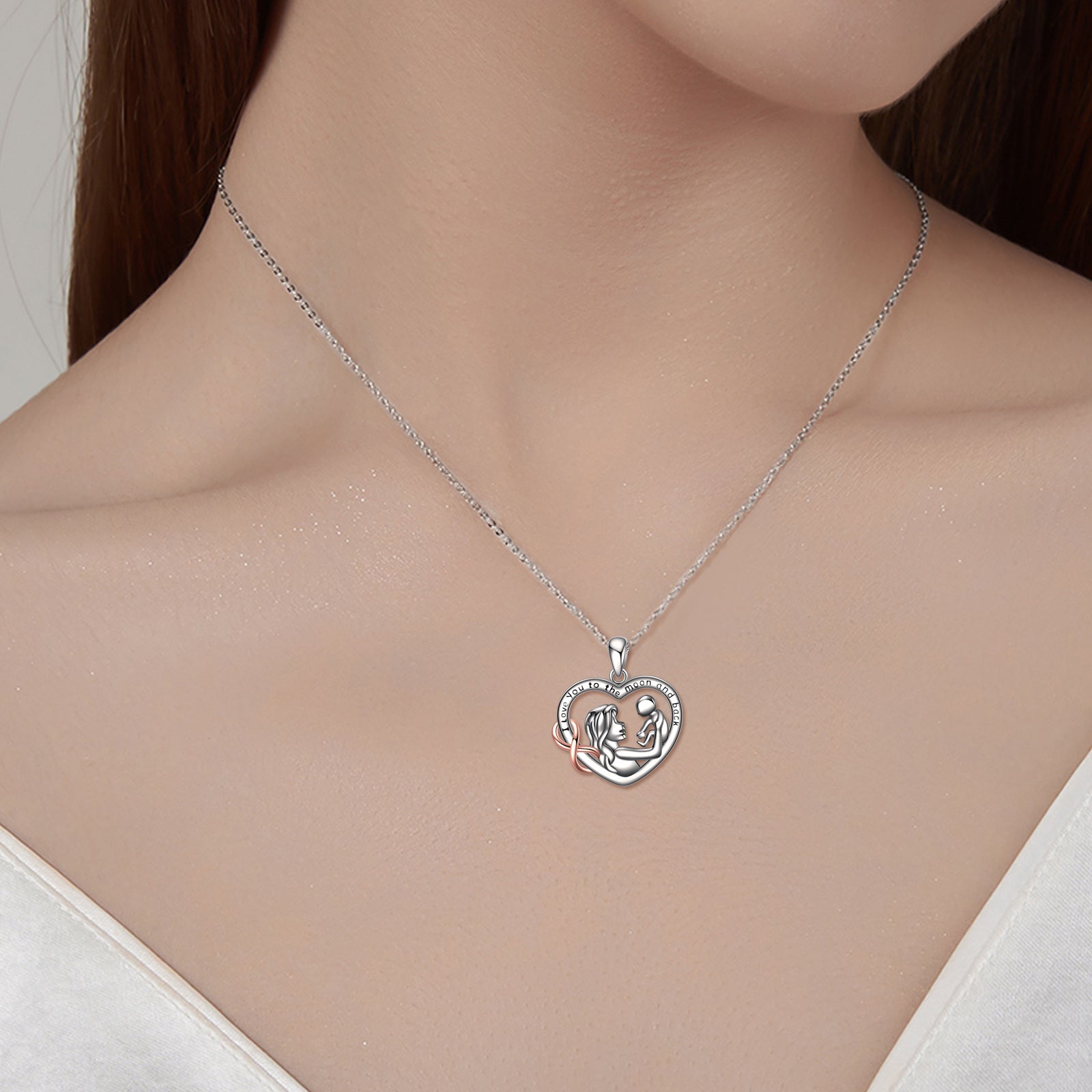 Sterling Silver Two-tone Mother Heart Pendant Necklace with Engraved Word