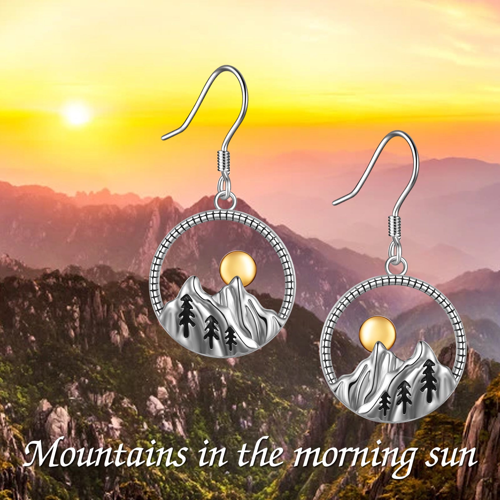 Sterling Silver Two-tone Mountains & Sun Drop Earrings