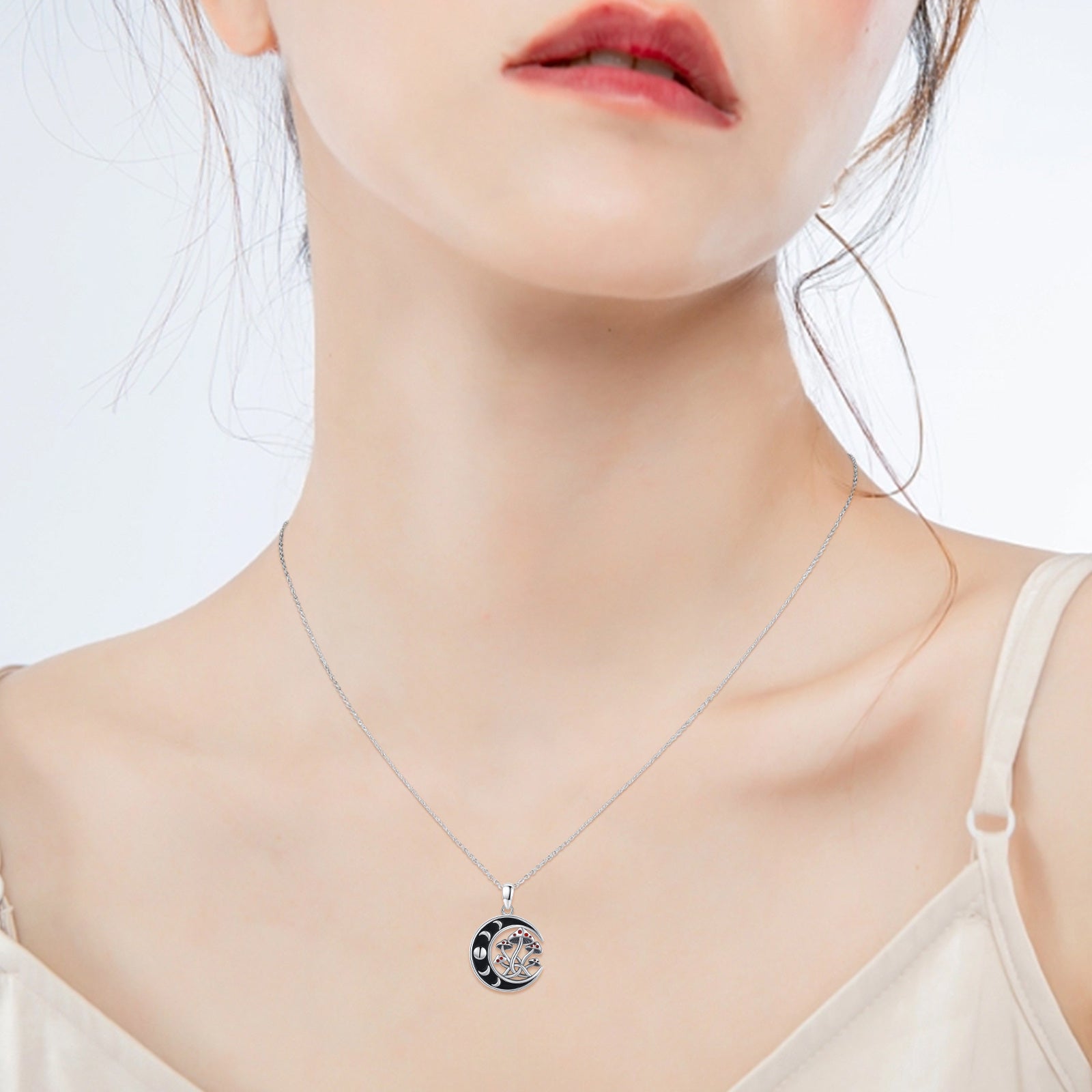 Sterling Silver Two-tone Mushroom & Moon Phase Pendant Necklace