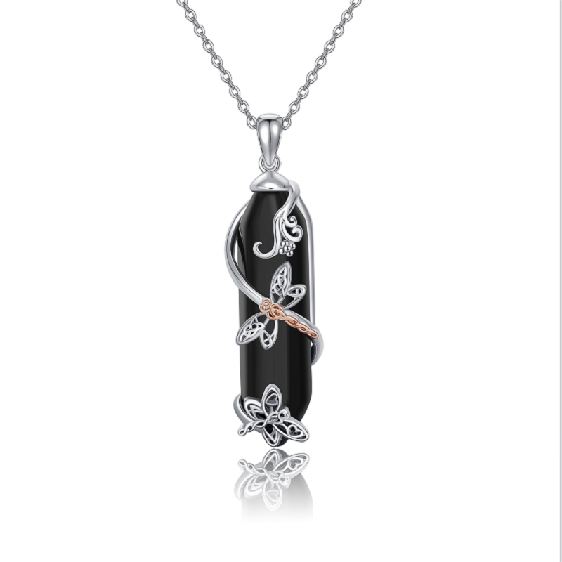 Sterling Silver Two-tone Obsidian Dragonfly Pendant Necklace