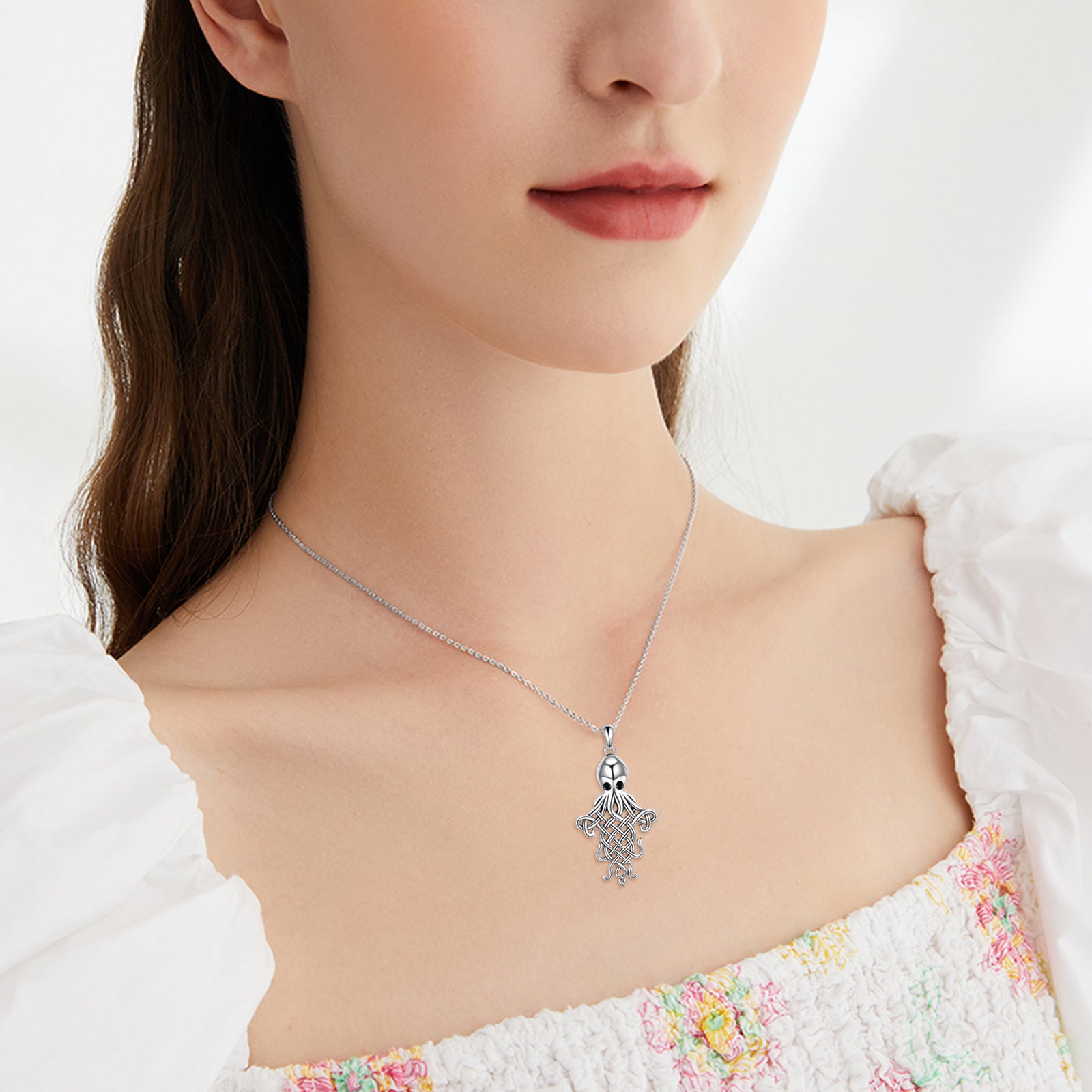 Sterling Silver Two-tone Cubic Zirconia Octopus & Celtic Knot Pendant Necklace