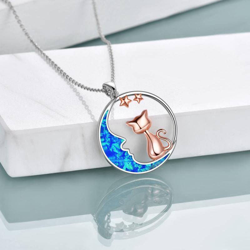 Sterling Silver Two-tone Opal Cat & Moon Pendant Necklace