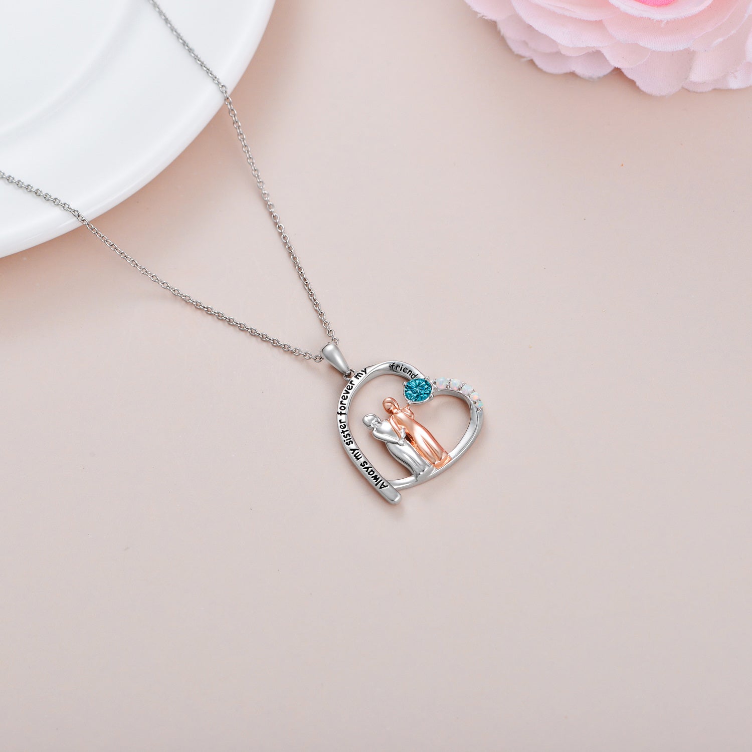 Sterling Silver Two-tone Cubic Zirconia & Opal Sisters Heart Pendant Necklace with Engraved Word