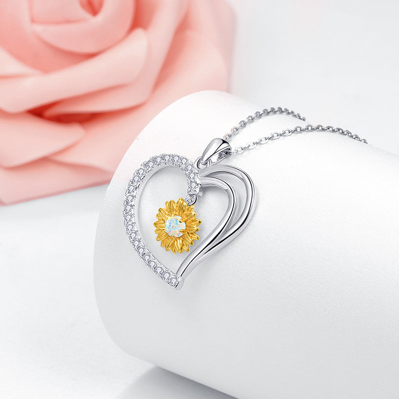Sterling Silver Two-tone Opal Sunflower Pendant Necklace
