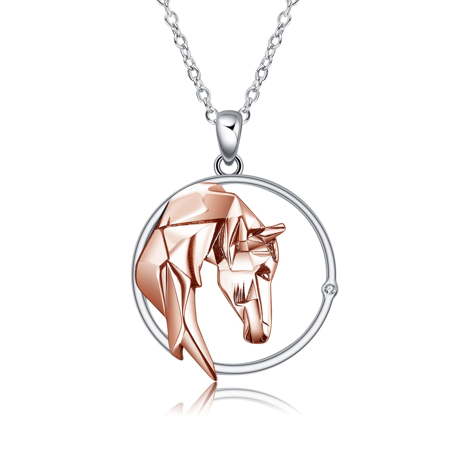 Sterling Silver Two-tone Circular Shaped Cubic Zirconia Horse Pendant Necklace