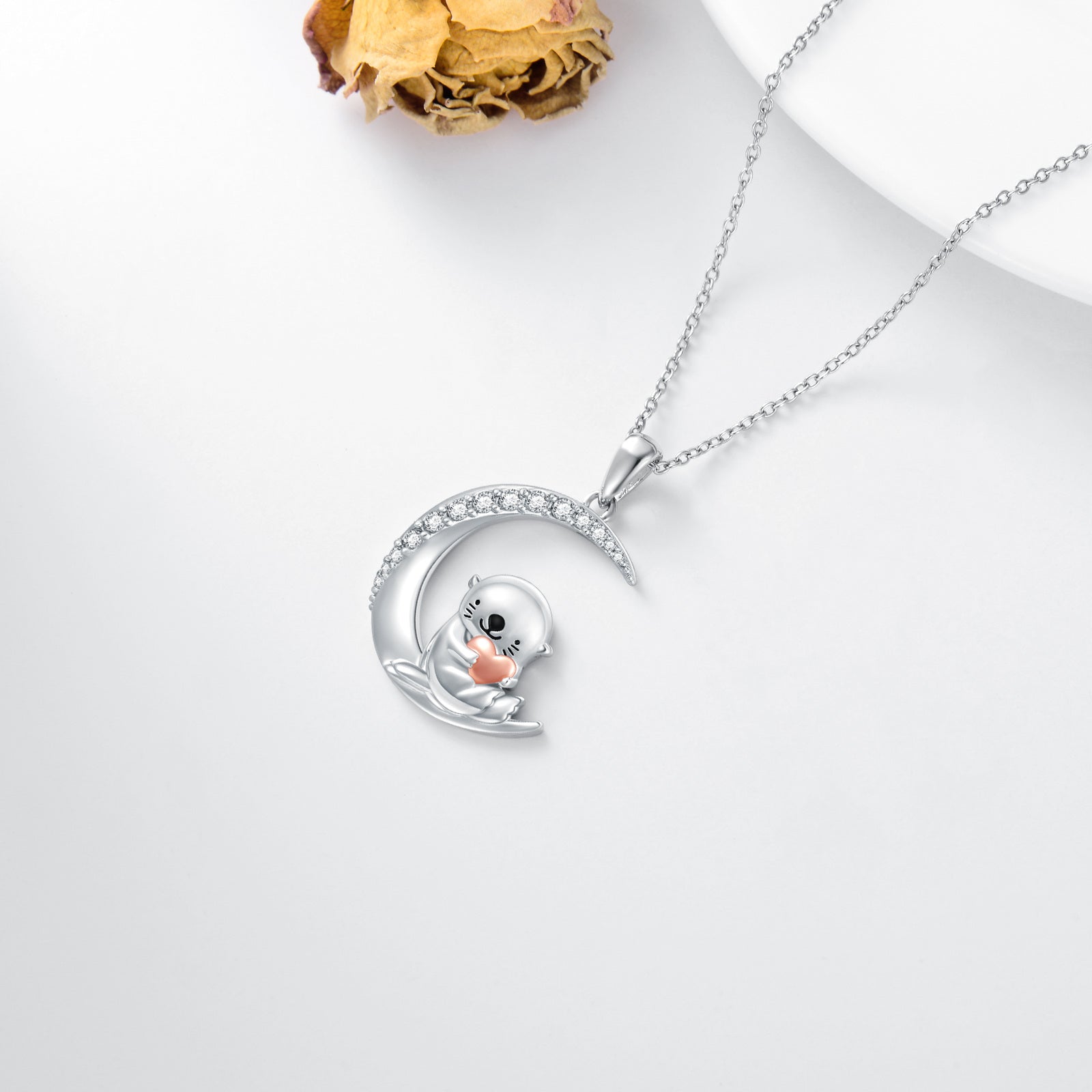 Sterling Silver Two-tone Cubic Zirconia Otter & Moon Pendant Necklace