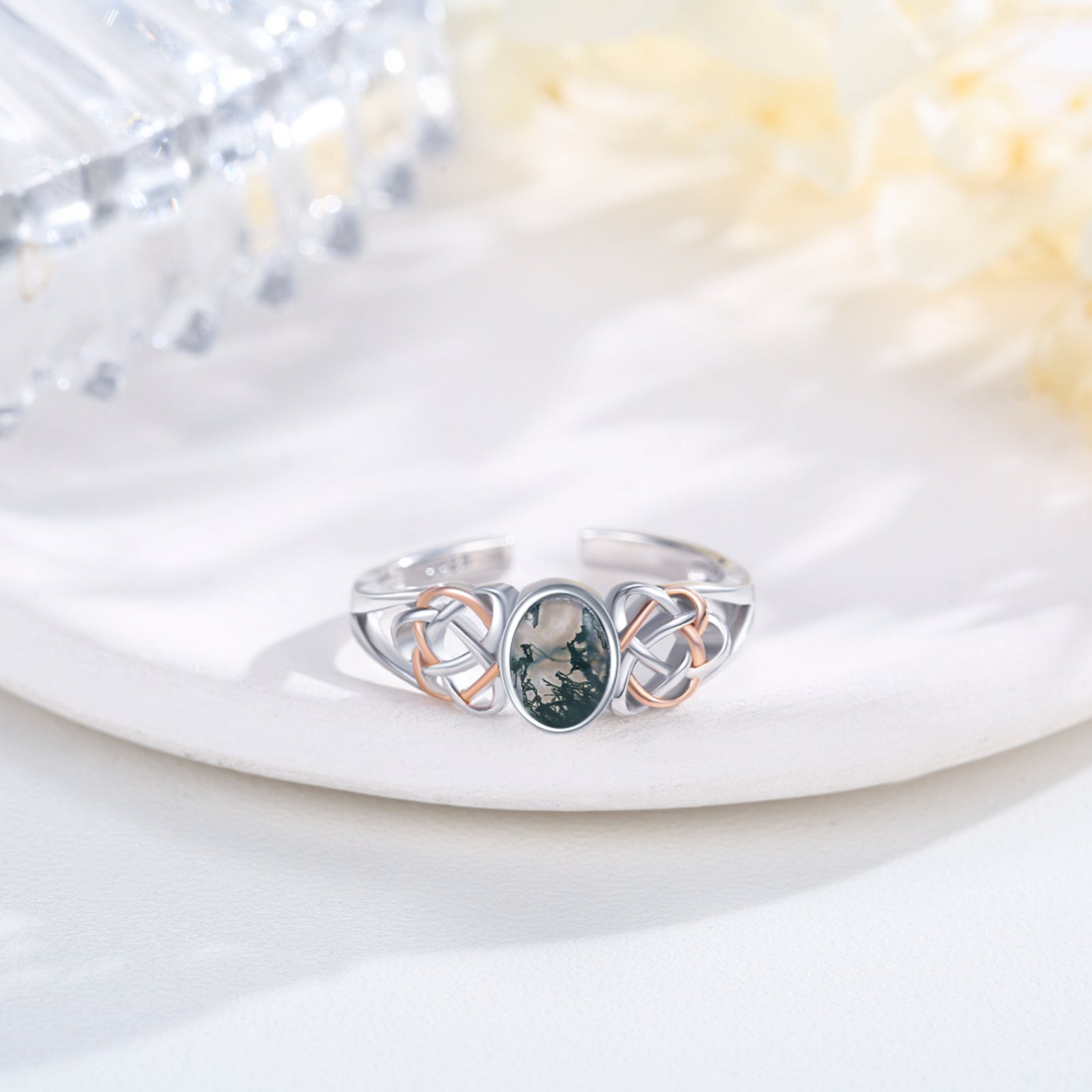 Sterling Silver Two-tone Oval Shaped Moss Agate Celtic Knot Open Ring