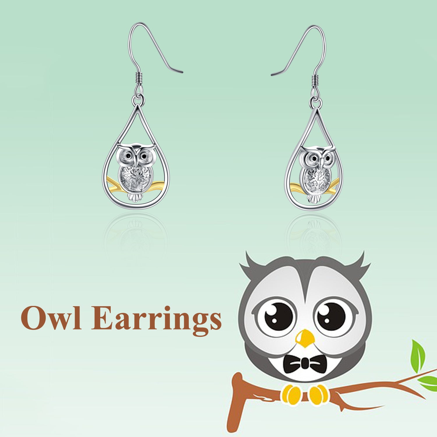 Sterling Silver Two-tone Owl Drop Earrings