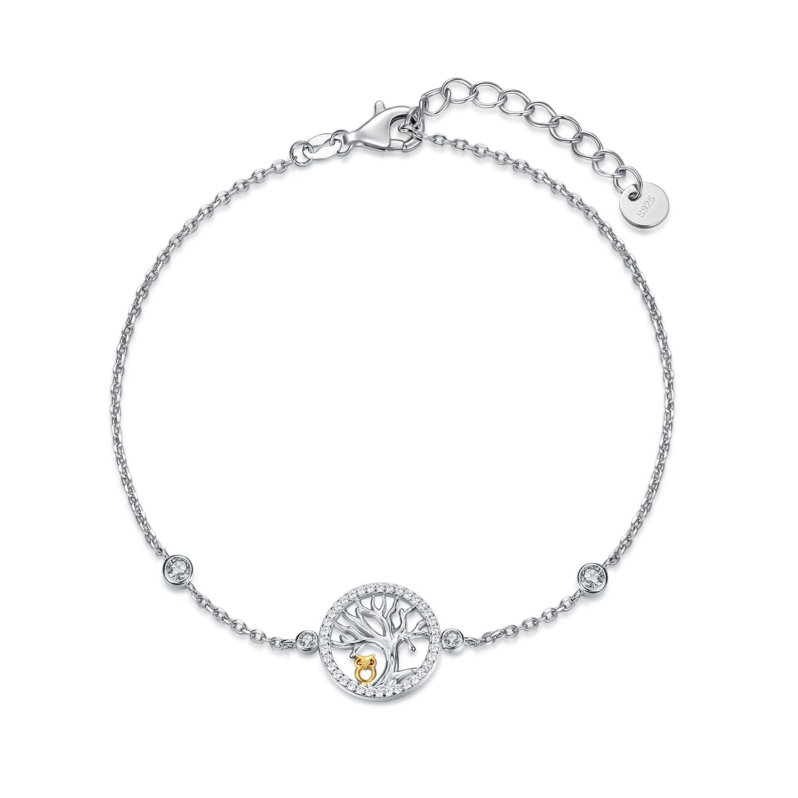 Sterling Silver Two-tone Cubic Zirconia Owl & Tree Of Life Charm Bracelet
