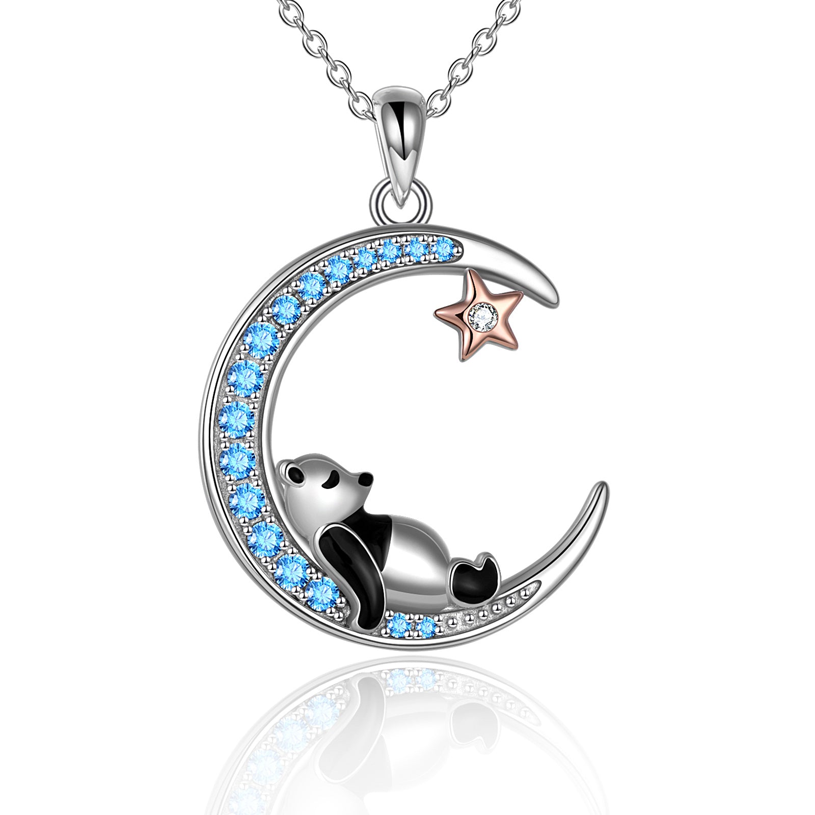 Sterling Silver Two-Tone Cubic Zirconia Panda Moon Star Pendant Necklace For Women
