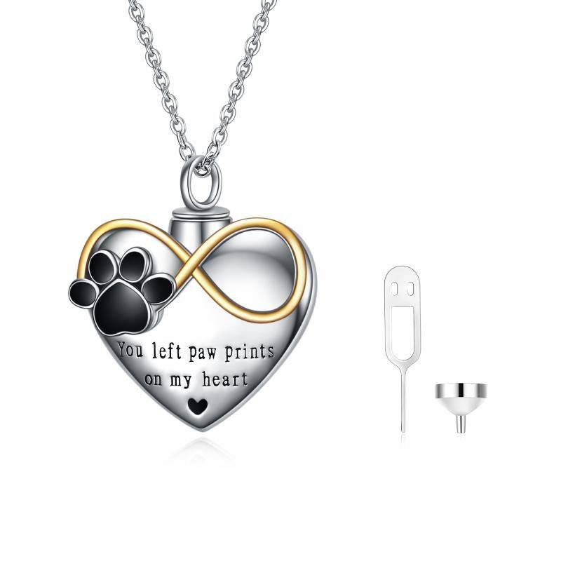 Sterling Silver Two-Tone Paw With Infinity Symbol Heart Urn Necklace For Ashes With Engraved Word For Women