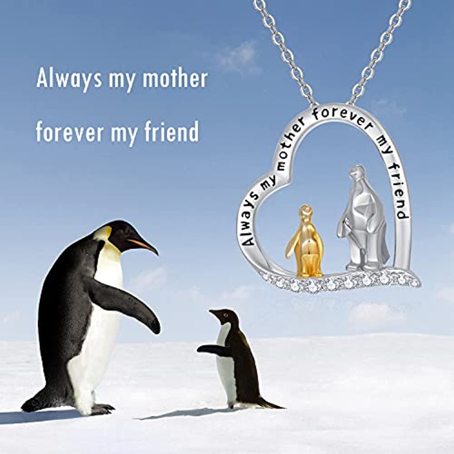 Sterling Silver Two-tone Cubic Zirconia Penguin Heart Pendant Necklace with Engraved Word