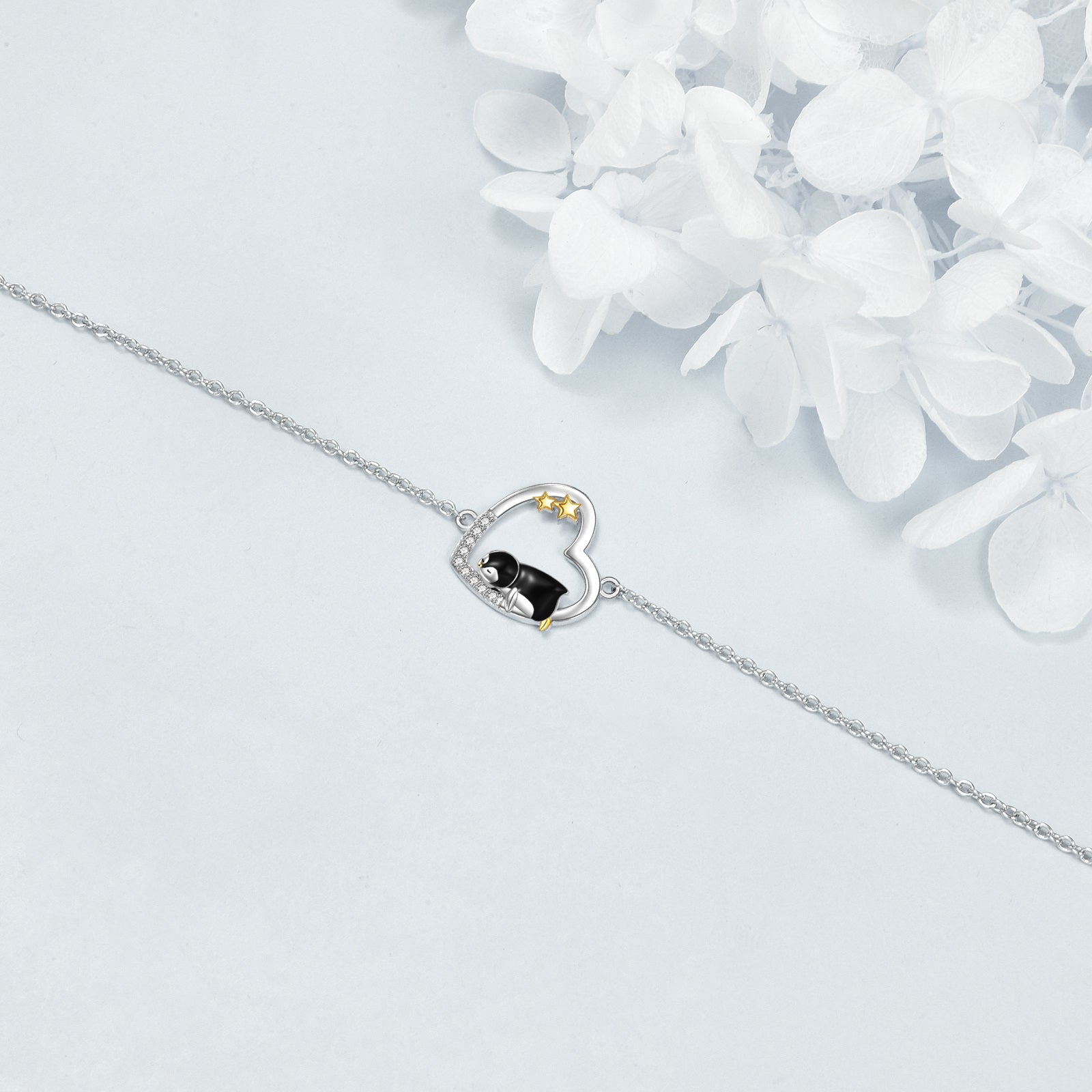 Sterling Silver Two-Tone Cubic Zirconia Penguin & Heart With Star Charm Bracelet For Women