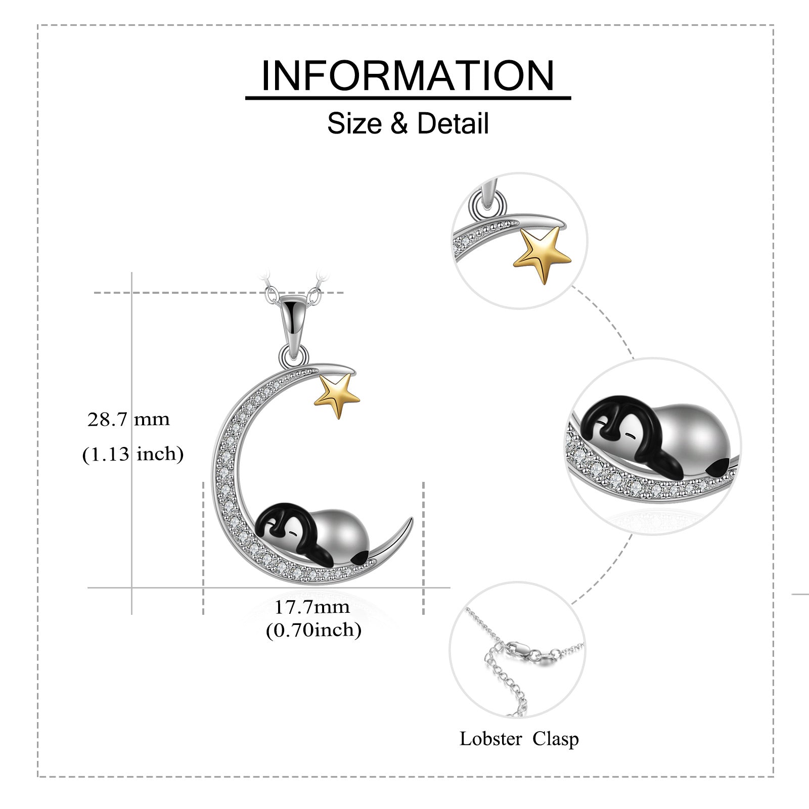 Sterling Silver Two-tone Cubic Zirconia Penguin & Moon Pendant Necklace