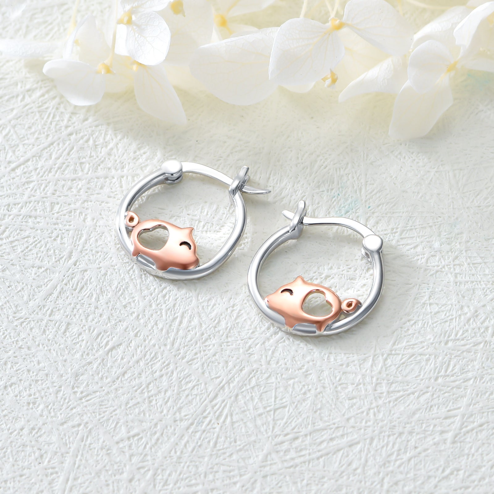 Sterling Silver Two-tone Pig Hoop Earrings