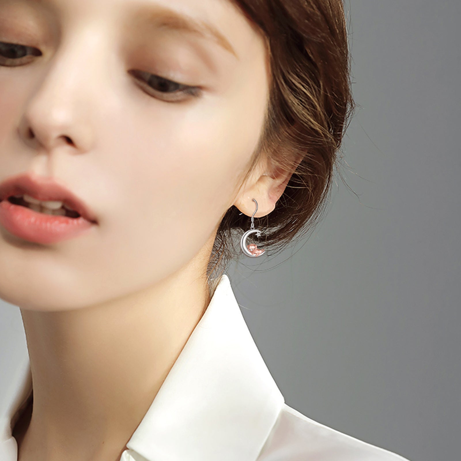 Sterling Silver Two-tone Pig & Moon Drop Earrings