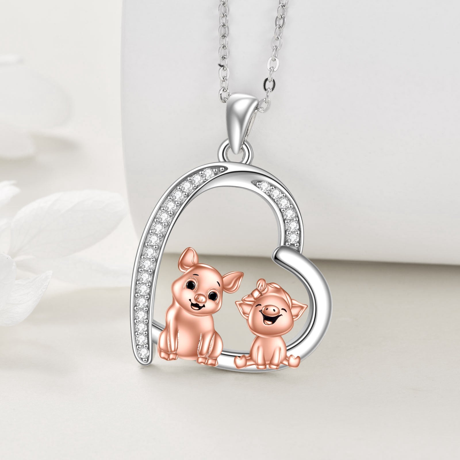Sterling Silver Two-tone Cubic Zirconia Two Pigs & Heart Pendant Necklace