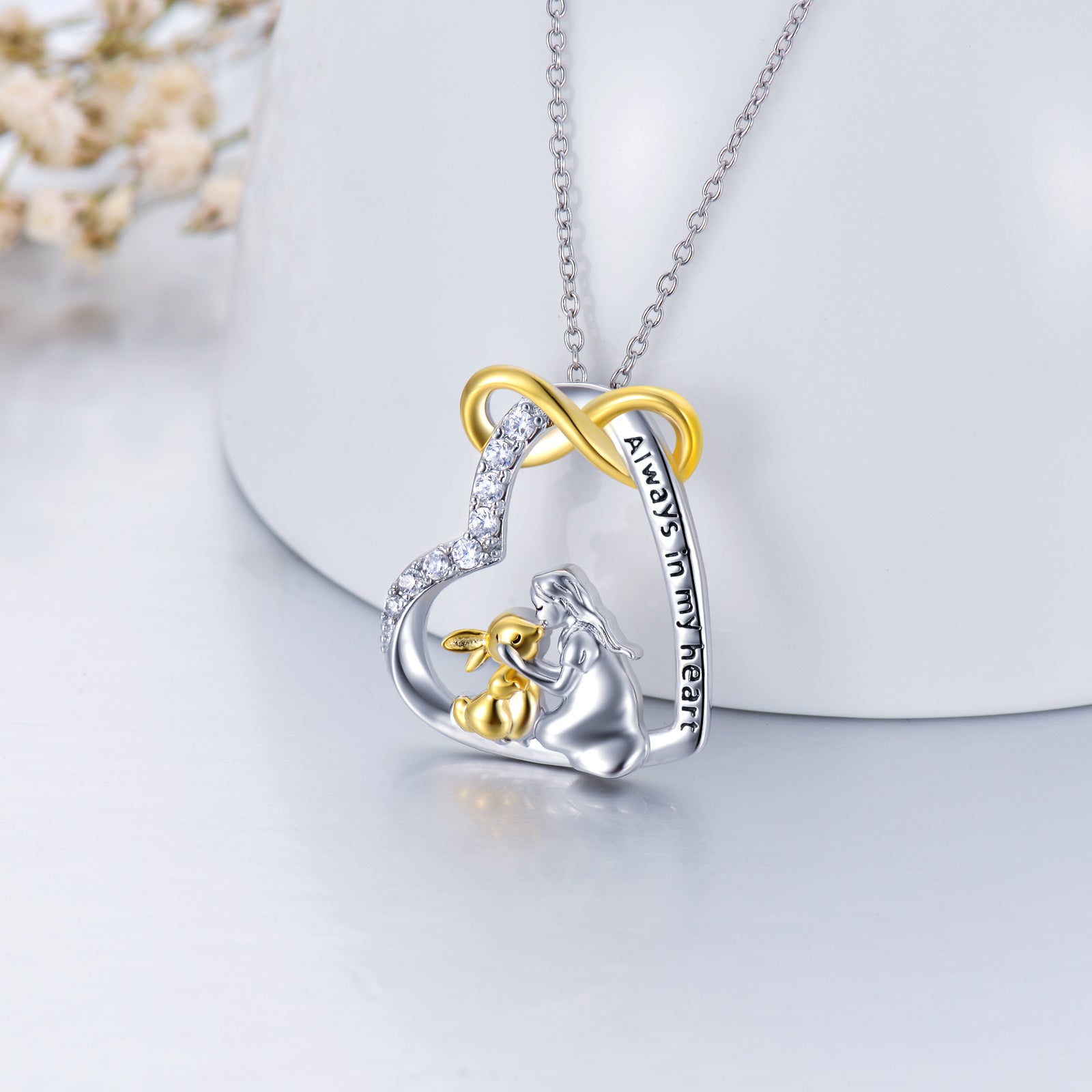Sterling Silver Two-tone Cubic Zirconia Rabbit & Heart Pendant Necklace with Engraved Word