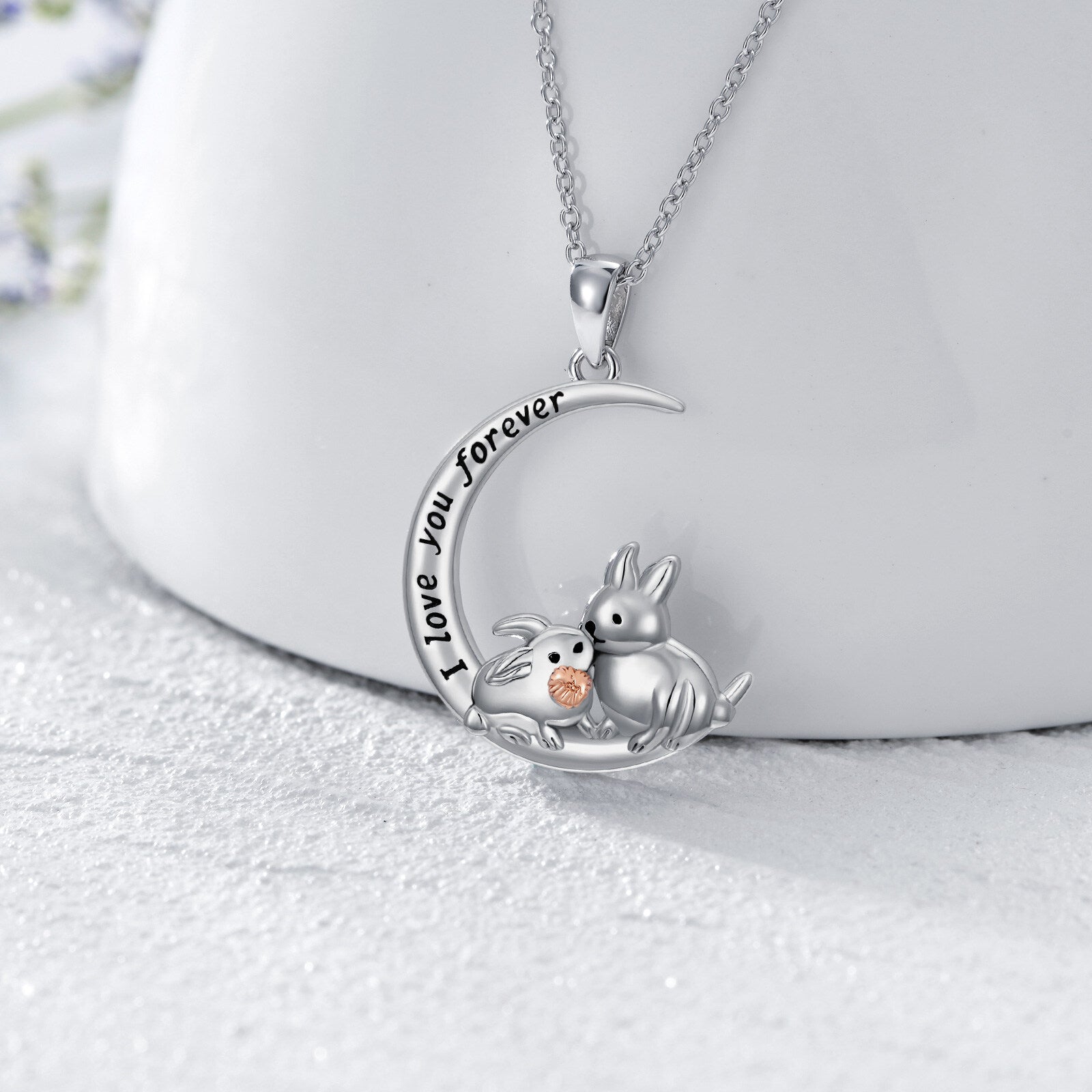 Sterling Silver Two-tone Rabbit & Moon Pendant Necklace with Engraved Word