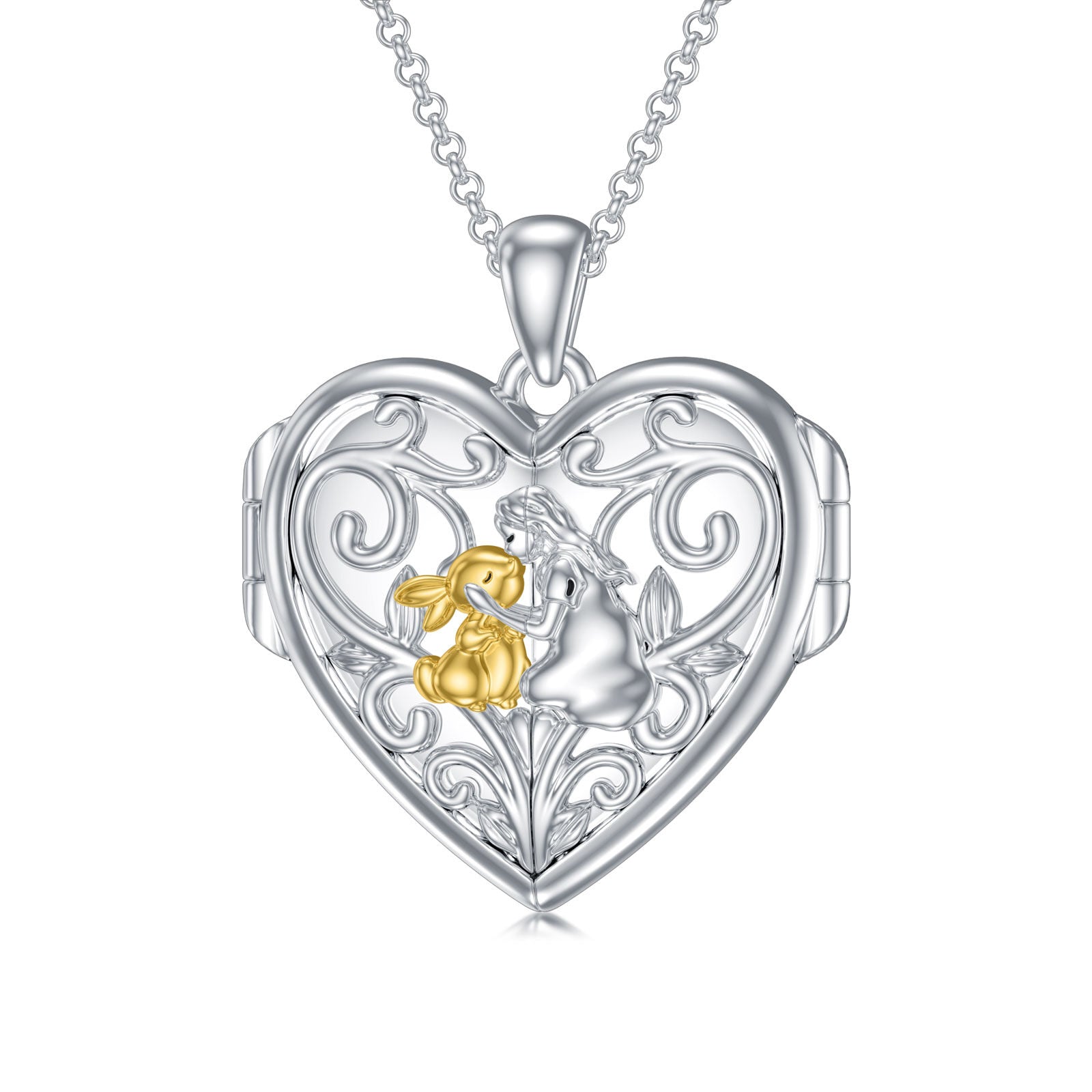 Sterling Silver Two-tone Rabbit Personalized Photo Locket Necklace