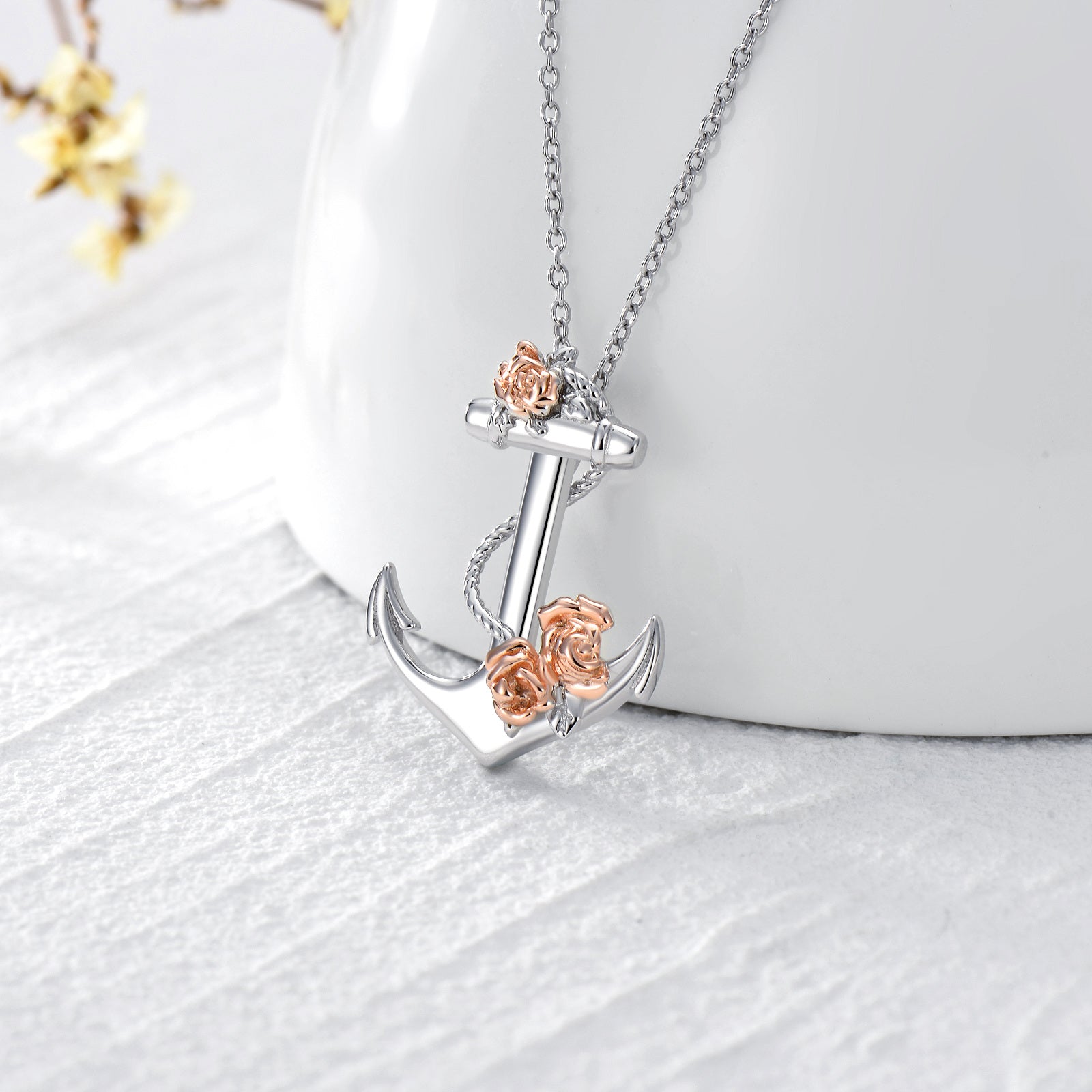 Sterling Silver Two-tone Rose & Anchor Pendant Necklace