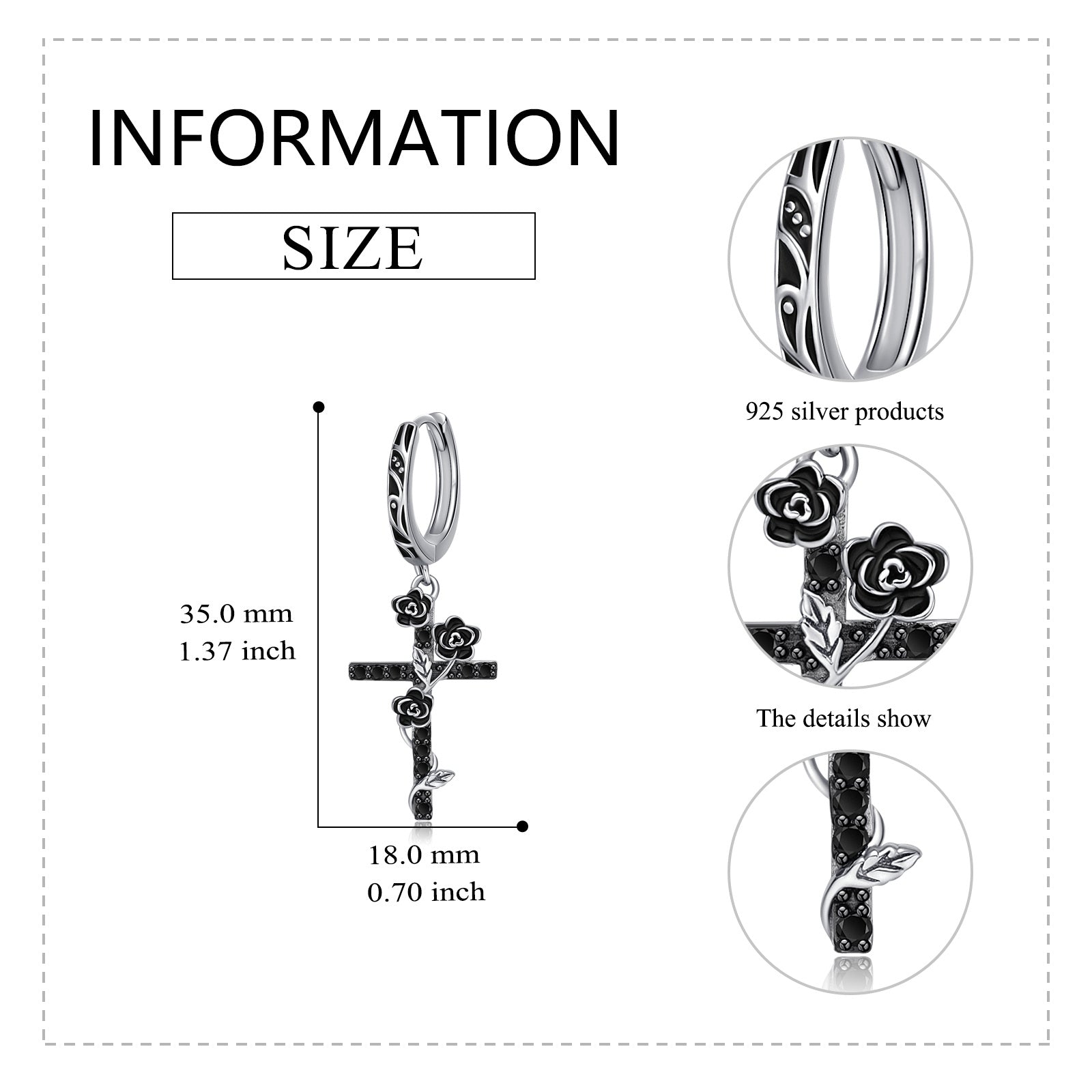 Sterling Silver Two-tone Rose & Cross Drop Earrings