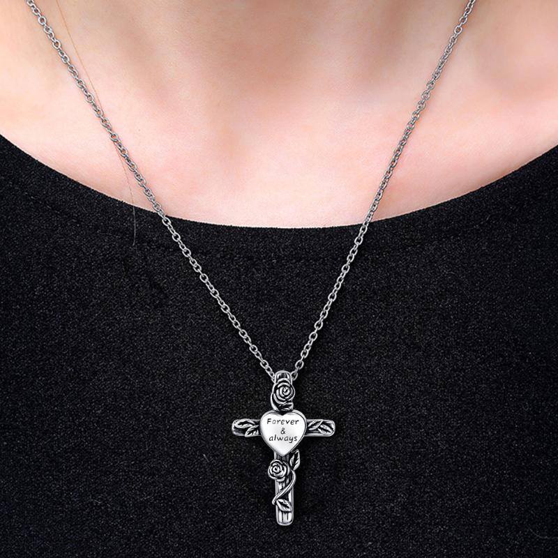 Sterling Silver Two-tone Rose & Cross Urn Necklace for Ashes with Engraved Word