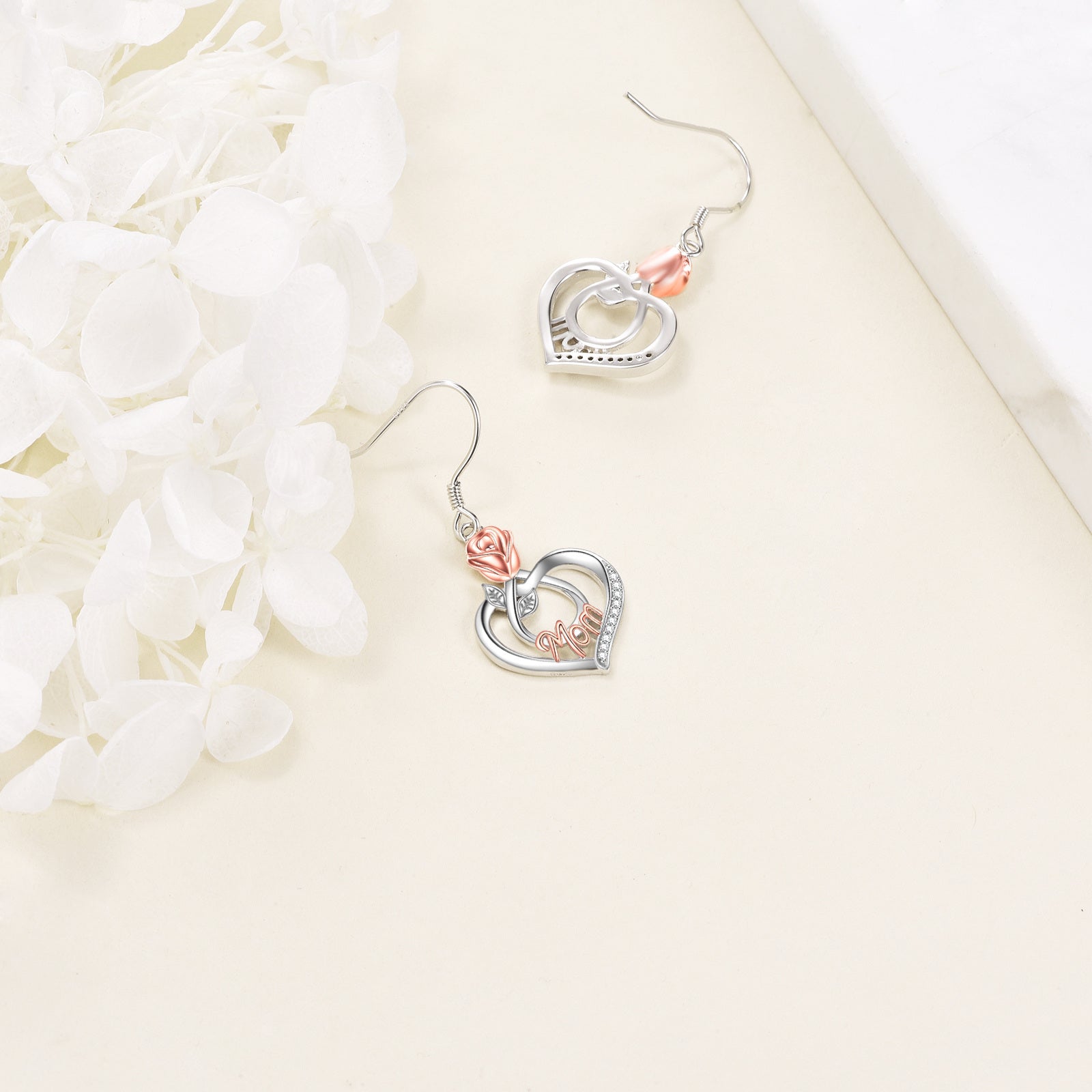 Sterling Silver Two-tone Cubic Zirconia Rose Drop Earrings