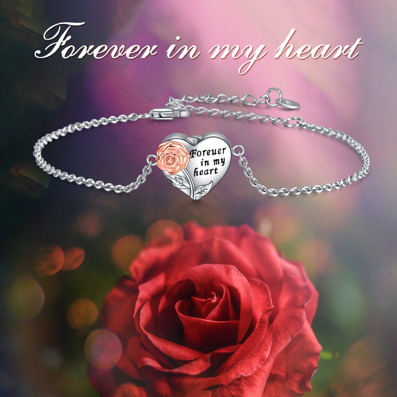 Sterling Silver Two-tone Rose & Heart Urn Bracelet for Ashes with Engraved Word