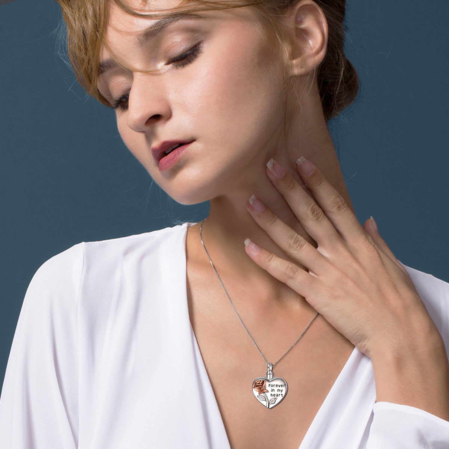Sterling Silver Two-tone Rose & Heart Urn Necklace for Ashes with Engraved Word