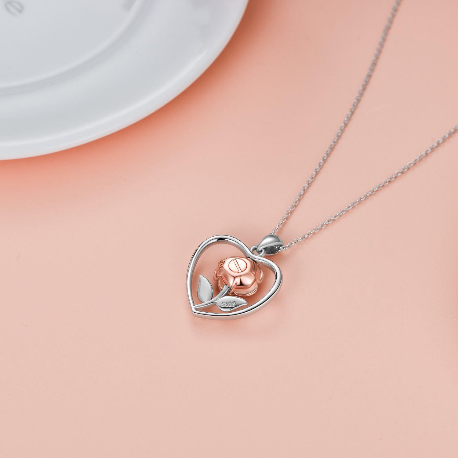 Sterling Silver Two-tone Rose & Heart Urn Necklace for Ashes