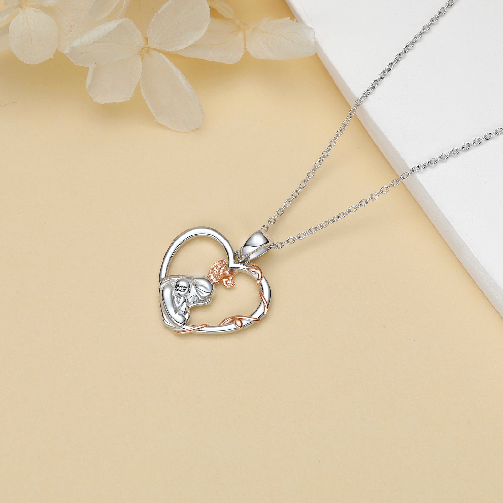 Sterling Silver Two-tone Rose Mother Heart Pendant Necklace