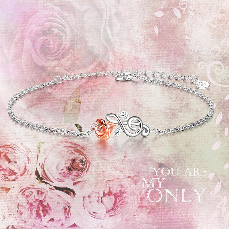 Sterling Silver Two-tone Rose & Music Symbol Charm Bracelet