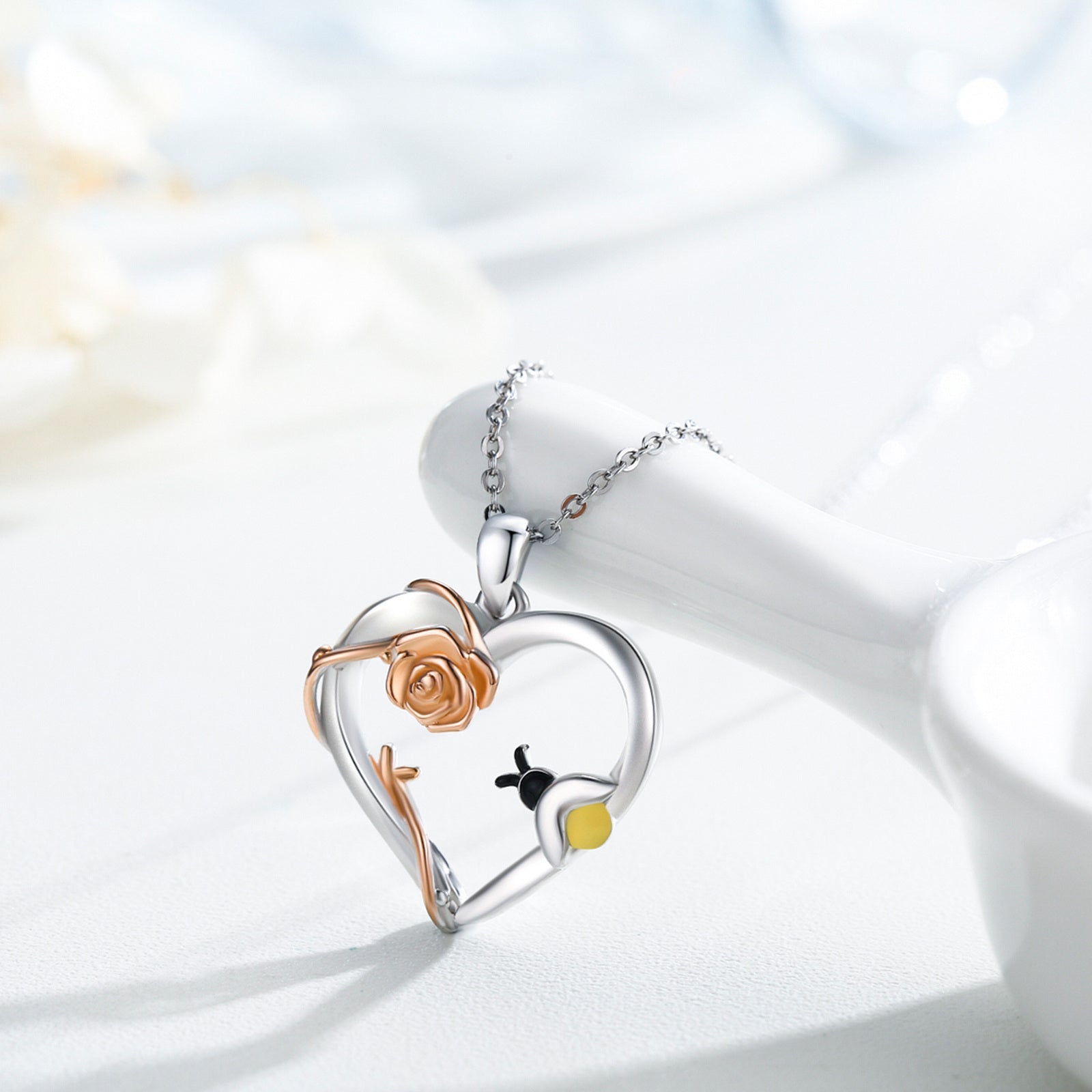 Sterling Silver Two-tone Rose Pendant Necklace