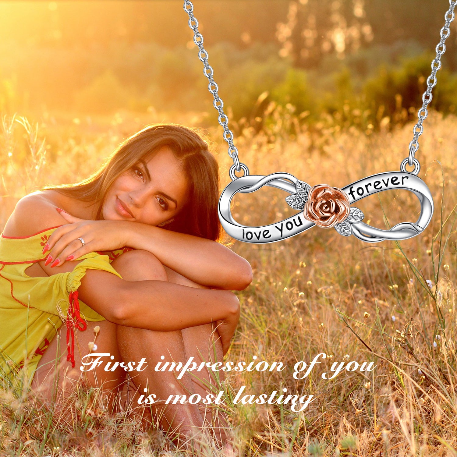 Sterling Silver Two-tone Rose Pendant Necklace with Engraved Word