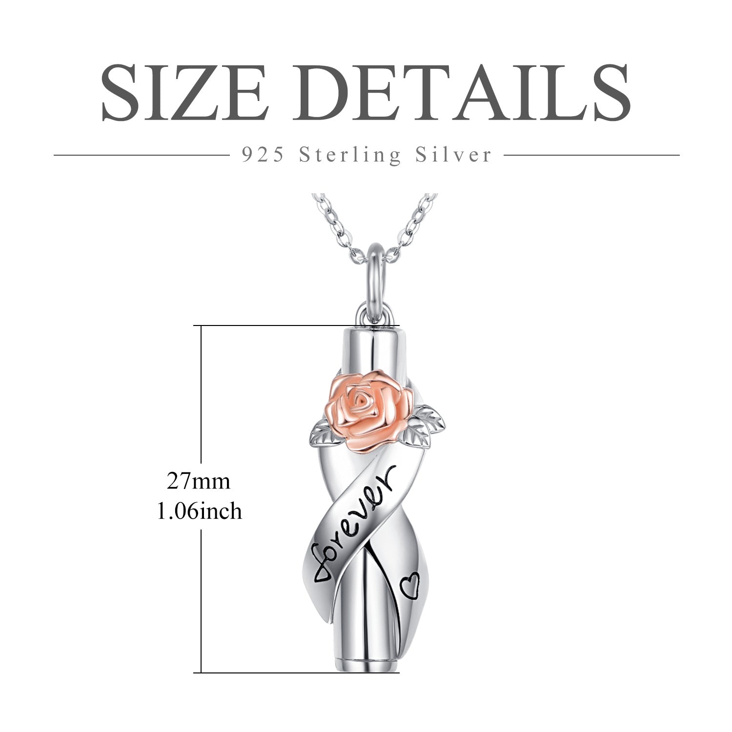 Sterling Silver Two-tone Rose & Ribbon Bar Urn Necklace for Ashes with Engraved Word