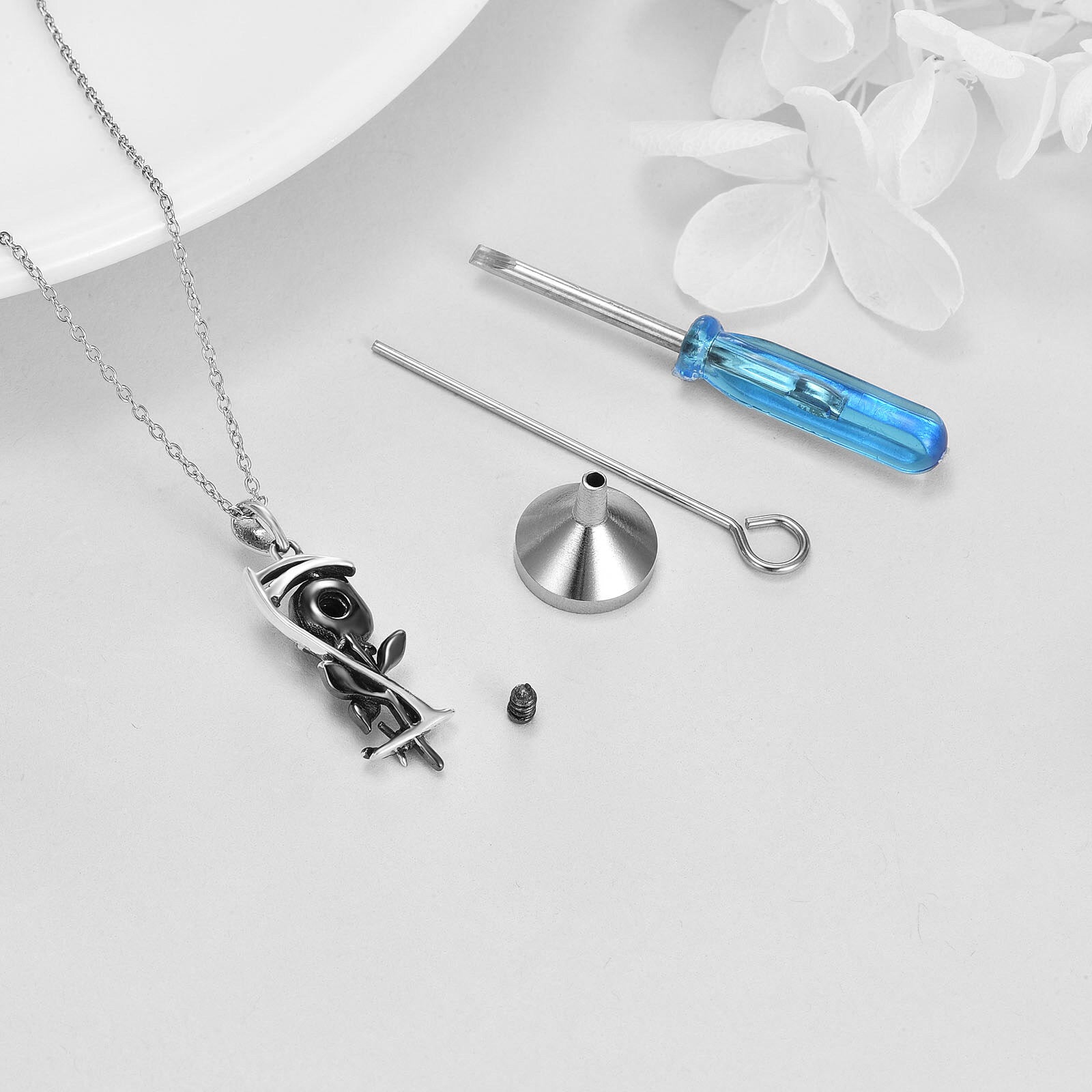 Sterling Silver Two-tone Rose & Sickle Urn Necklace for Ashes