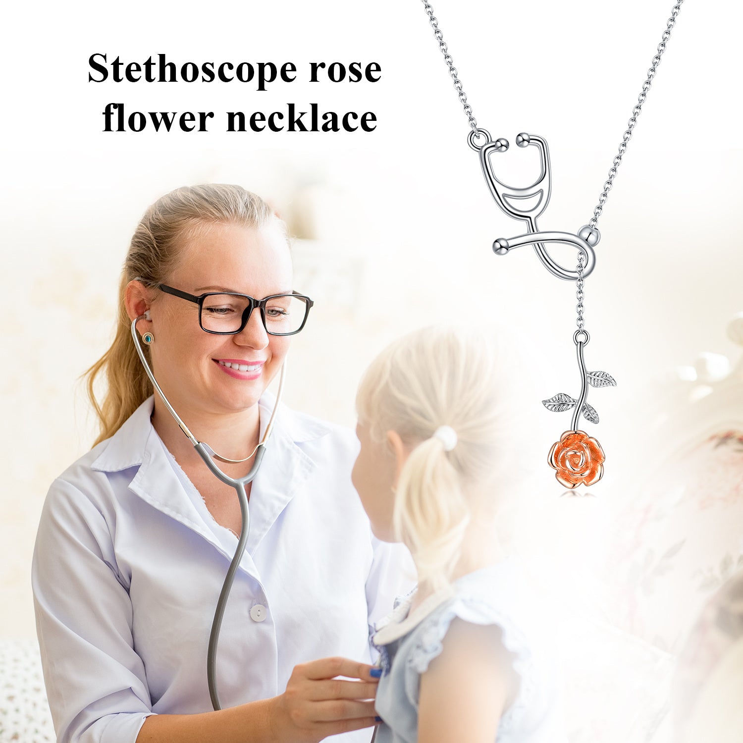 Sterling Silver Two-tone Rose & Stethoscope Non-adjustable Y-Necklace