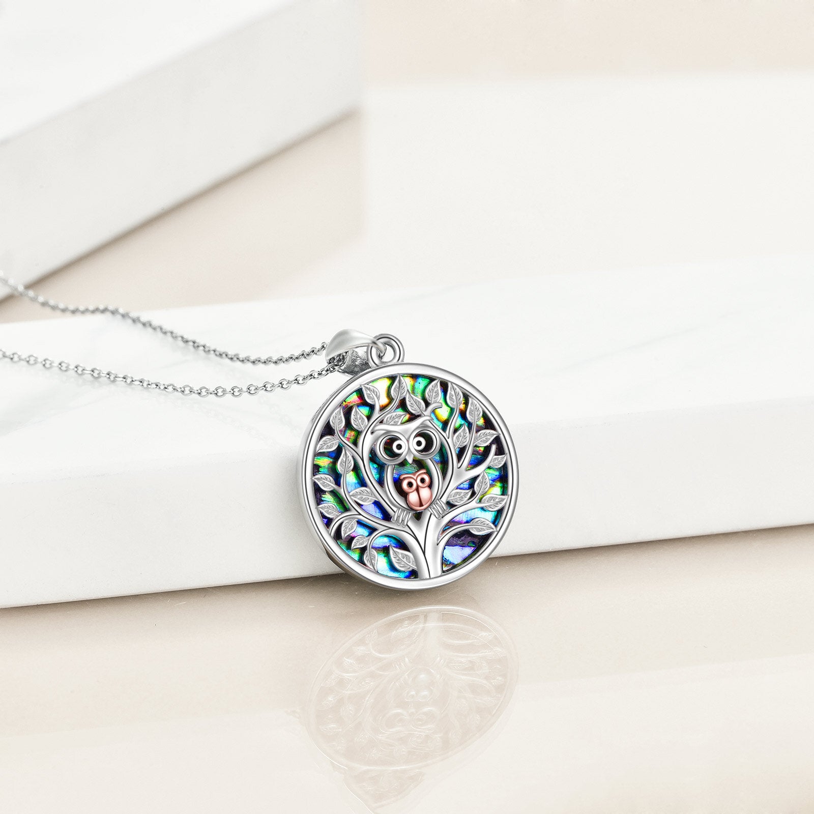 Sterling Silver Two-tone Round Abalone Shellfish Owl Pendant Necklace
