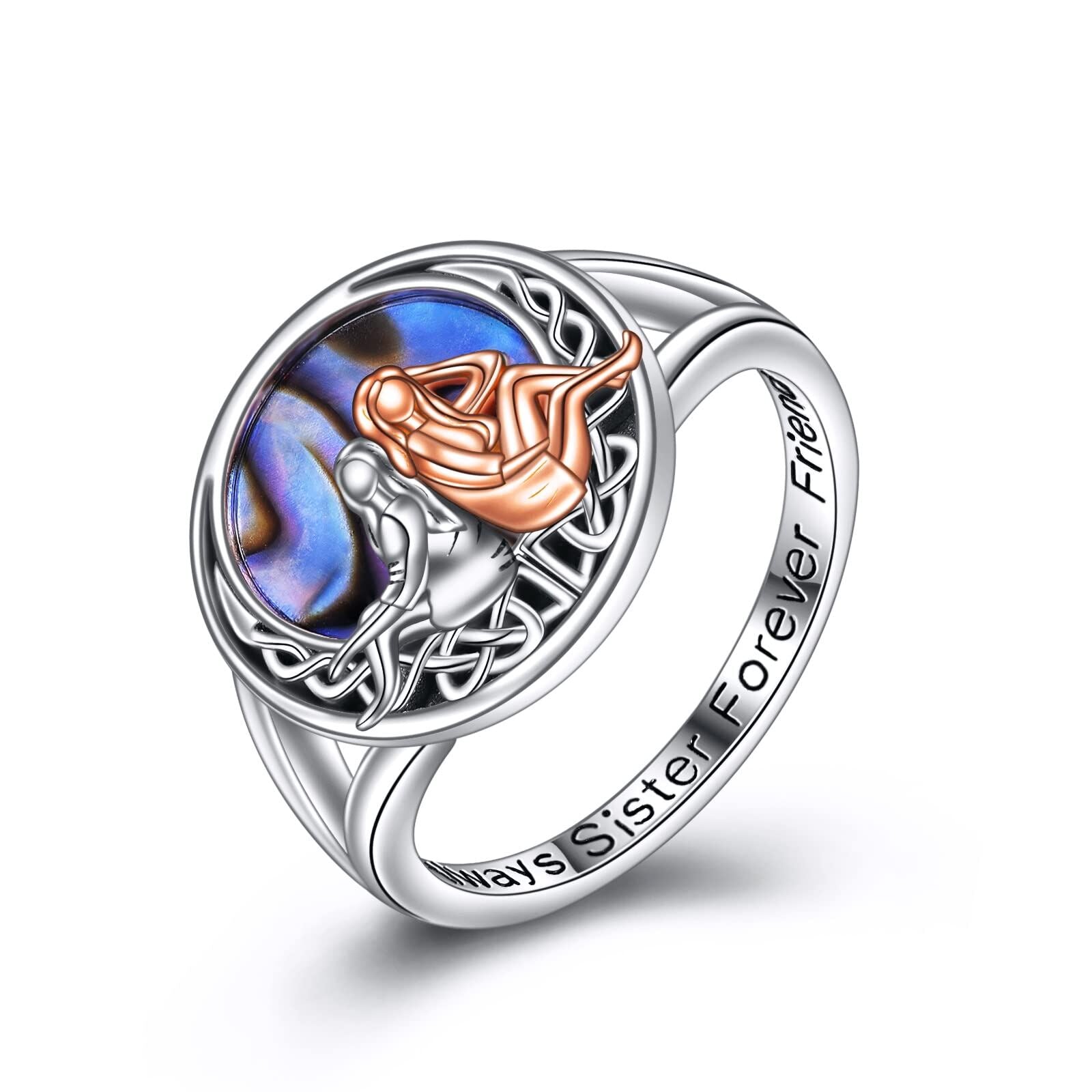 Sterling Silver Two-tone Round Shaped Abalone Shellfish Sisters & Celtic Knot Ring with Engraved Word