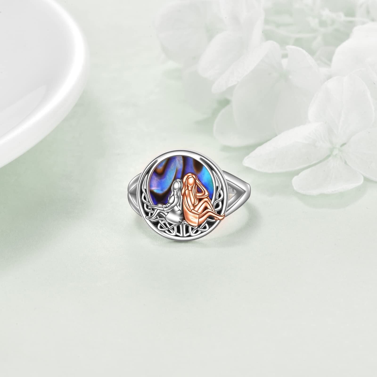 Sterling Silver Two-tone Round Shaped Abalone Shellfish Sisters & Celtic Knot Ring with Engraved Word