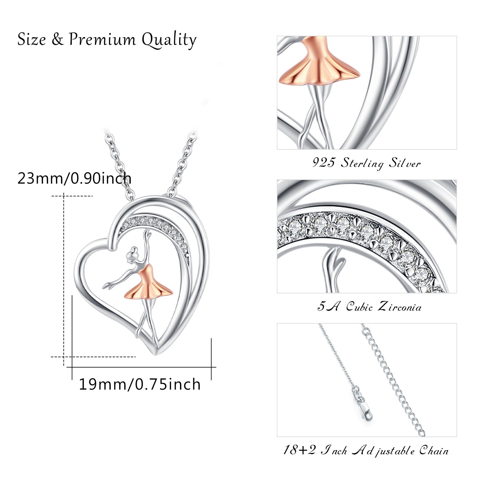 Sterling Silver Two-tone Round Cubic Zirconia Ballet Dancer & Heart Pendant Necklace