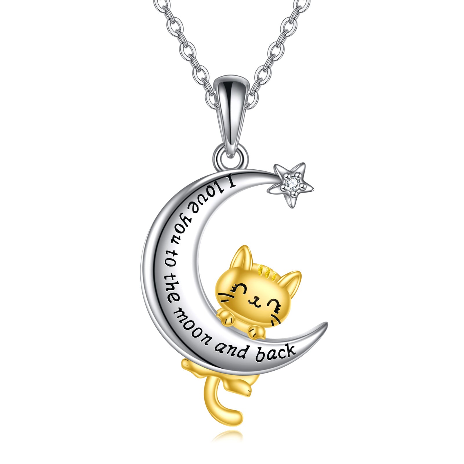 Sterling Silver Two-Tone Cubic Zirconia Cat And Moon Star Pendant Necklace With Engraved Word For Women
