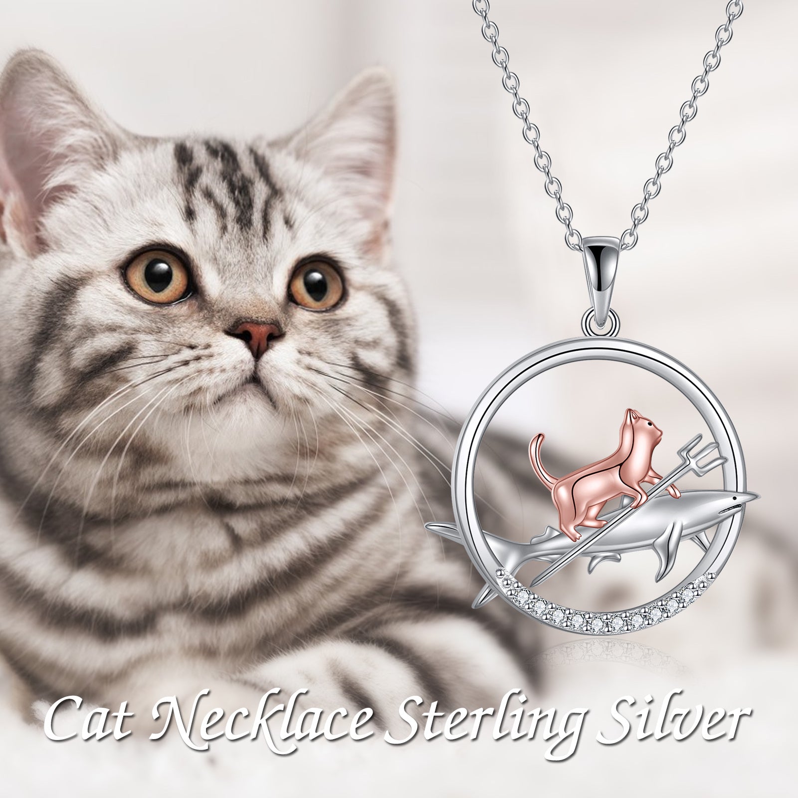 Sterling Silver Two-tone Cat & Shark Pendant Necklace for Women Men