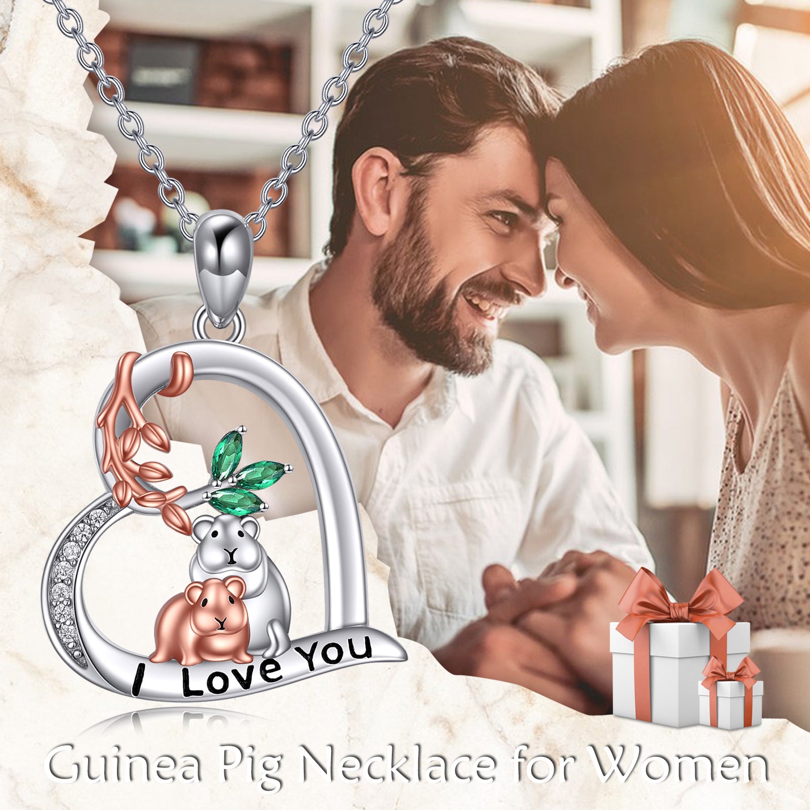 Sterling Silver Two-Tone Crystal Cubic Zirconia Mouse Heart Pendant Necklace With Engraved Word For Women