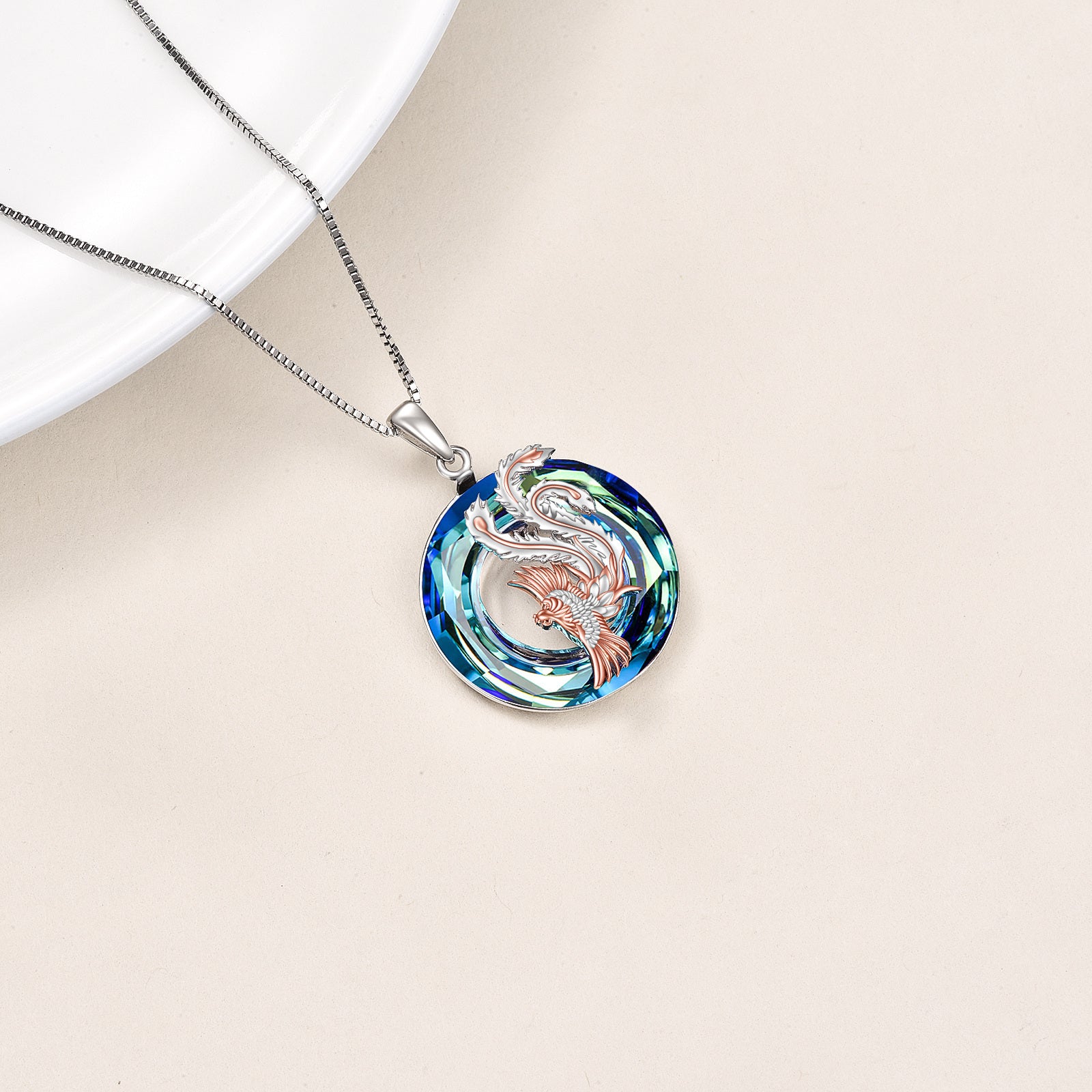 Sterling Silver Two-tone Round Crystal Phoenix Pendant Necklace